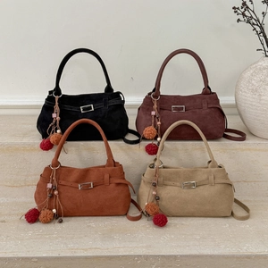 Retro Suede Texture Shoulder Bag Women Large Capacity Vintage Tote Handbag With Pom Pom Pendant Minimalist Commuter Bag