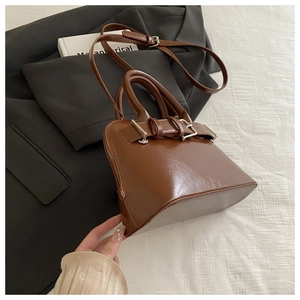 Macro shot of dark brown polished shell bag with silver buckle and smooth leather texture