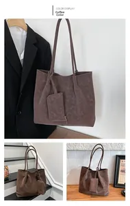 Detail of coffee brown tote bag with textured finish and matching pendant pouch accessory
