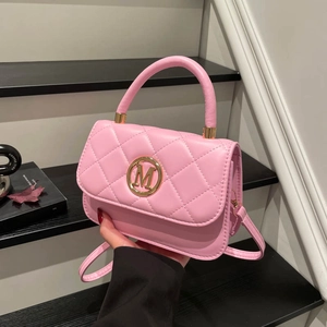 Pink quilted leather crossbody bag with golden M logo and top handle for women
