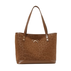 Brown leopard print suede tote bag with golden bow and leather trim for daily use