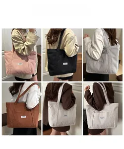 Corduroy tote bag shown in six colors featuring fashion labels and large capacity