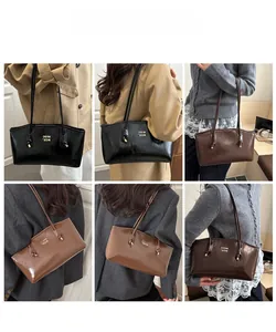 Detail shots of large leather tote bags in black, caramel brown, and coffee colors