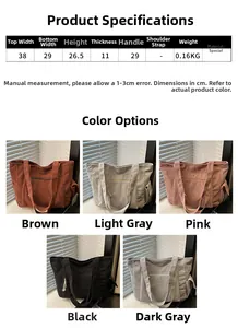 Tableau des tailles pour grands sacs cabas en toile avec dimensions et cinq couleurs