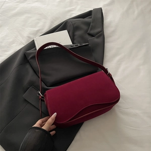 Retro burgundy frosted leather underarm bag with curved flap and silver hardware