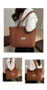 Detailed macro view of brown corduroy tote bag showing fashion instinct label and fabric