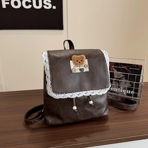 Vintage dark brown PU leather backpack with lace trim and cute bear patch decoration