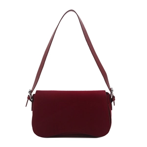 Minimalist burgundy suede shoulder bag with magnetic flap and silver hardware details