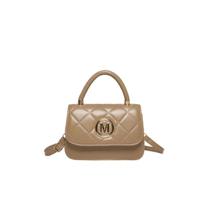 Quilted khaki crossbody bag for women with gold M-logo buckle and top handle design