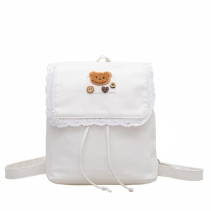 Cute white backpack with drawstring, lace trim and bear embroidery for women