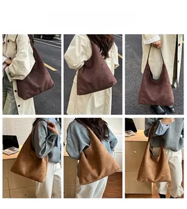 Detailed views of vintage matte leather tote bag in dark brown and caramel brown colors
