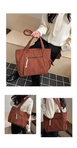 Détails d'un sac cabas en velours côtelé marron avec poche zippée avant et larges bandoulières