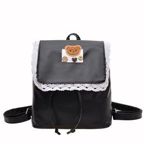 Vintage black PU leather backpack with white lace trim and cute bear patch detail