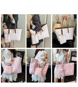 Detail view of large monogram tote bag and matching pouch in multiple carrying styles