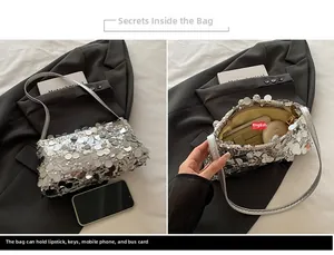 Detailed view of silver sequin shoulder bag showing internal main compartment storage