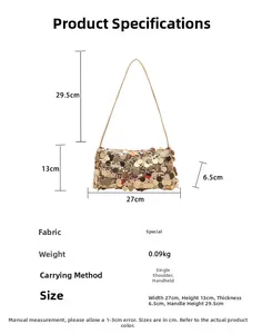 Detailed size specifications for the gold sequin shoulder bag with dimensions