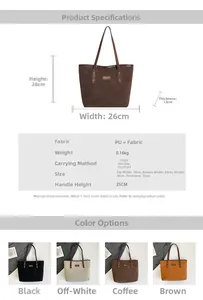 Detailed size chart and dimensions for the minimalist tote bag in PU and fabric