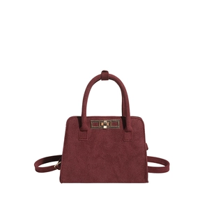 Minimalist large capacity burgundy suede handbag with elegant gold metal twist lock closure
