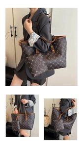 Detail view of large printed tote bag set with brown leather handles and matching small pouch