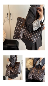 Detailed views of printed tote bag set featuring pegasus patterns and matching pouch
