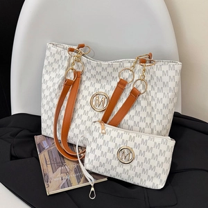 Chic letter print tote bag with brown leather handles and matching small pouch set