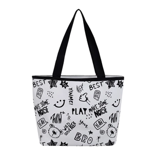 Minimalist large-capacity white tote bag with black graffiti print and sturdy handles