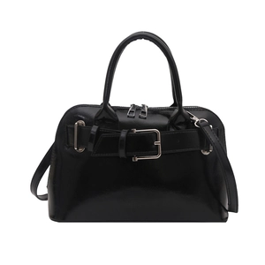 Retro black glossy leather handbag with silver buckle and detachable shoulder strap