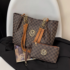 Classic brown tote bag set with M-letter monogram print and gold chain strap