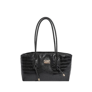 Fashionable black faux crocodile tote bag with gold logo and long shoulder straps