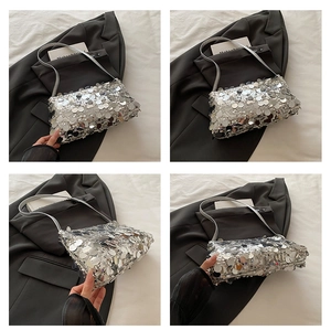 Detail shots of silver sequin shoulder bag showing reflective textures and multi-angle views