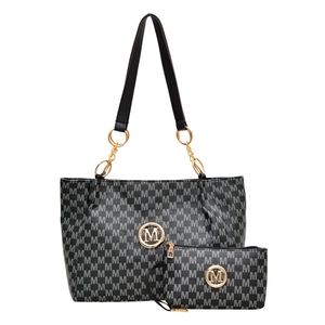 Fashionable black tote bag set with M-letter monogram pattern and golden logo hardware