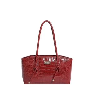 Deep red crocodile embossed large tote bag with long knotted shoulder straps