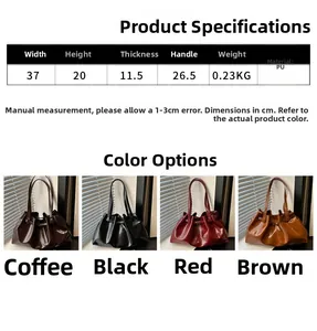 Detailed size specifications and four color options for the ruched PU leather tote bag