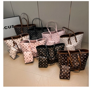 Close-up of printed tote bags with matching mini pouches in four elegant color options