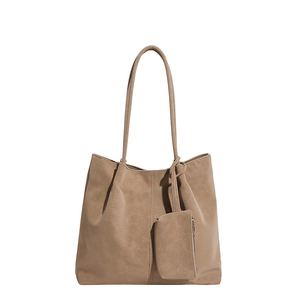 Large khaki tote bag in textured faux leather with matching coin purse for daily commute