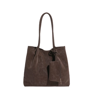 Retro dark brown large tote bag with matte texture and matching zipper pouch for women