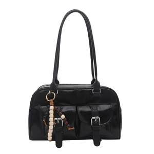 Retro black high-shine PU leather Boston bag with beaded charm and front flap pockets