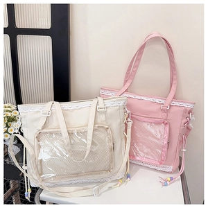 Detailed view of the cute macaron tote bag with delicate white lace trim and PVC pocket