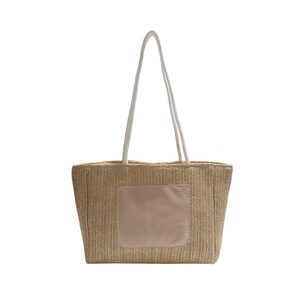 Large capacity straw woven tote bag with leather patch and soft rope handles for women