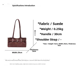 Size chart for brown suede handbag showing 15x29x9 cm dimensions and weight details