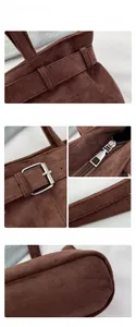 Detailed views of brown suede shoulder bag featuring metal buckle and reinforced stitching