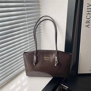 Minimalist dark brown PU leather shoulder bag for women with gold logo and knotted strap