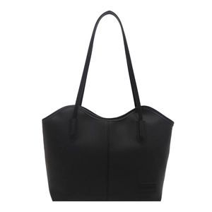 Minimalist black lychee texture tote bag with long straps and central stitching detail