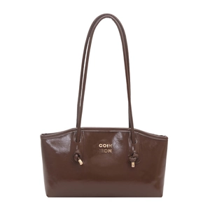 Deep brown glossy leather shoulder bag with sleek rectangular shape and knot details