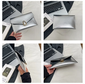 Multi-angle view of a metallic silver clutch bag with a decorative gold oval clasp