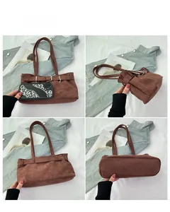 Detailed multi-angle views of a vintage brown suede shoulder bag with decorative buckle