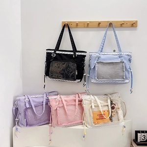 Sweet Lace Ita Bag Nylon Large Capacity Shoulder Tote Bag With Transparent PVC Window And Colorful Beads For Student Girls