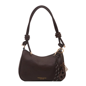 Chic dark brown faux leather shoulder bag with knotted handle and fashion charms