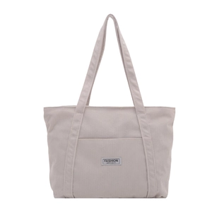 Retro corduroy tote bag in beige with FASHION INSTINCT patch and large capacity