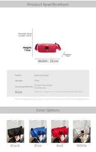 Detailed size guide for Oxford fabric crossbody bag showing dimensions and specifications